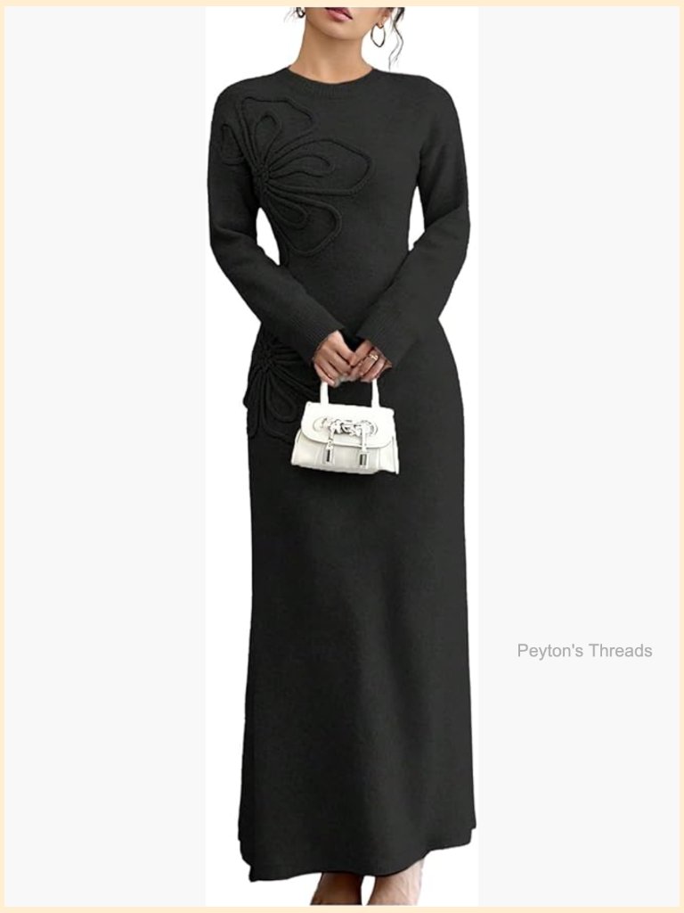 3d Floral Appliques Knit Sweater Dress Crewneck Long Sleeve Flared Maxi Dress